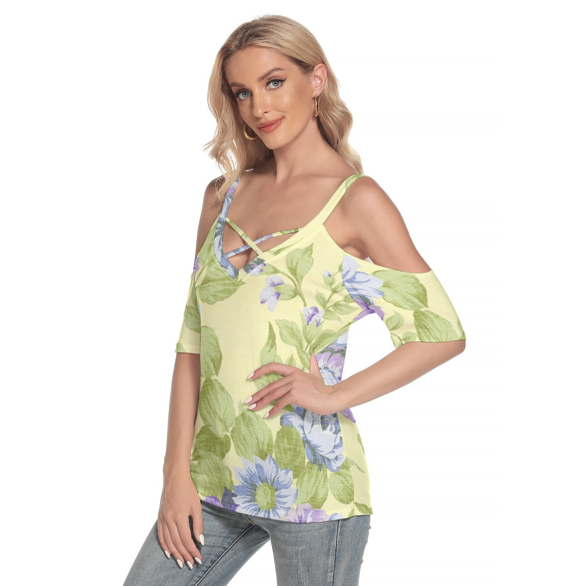 All-Over Print Women's Cold Shoulder T-shirt With Criss Cross Strips