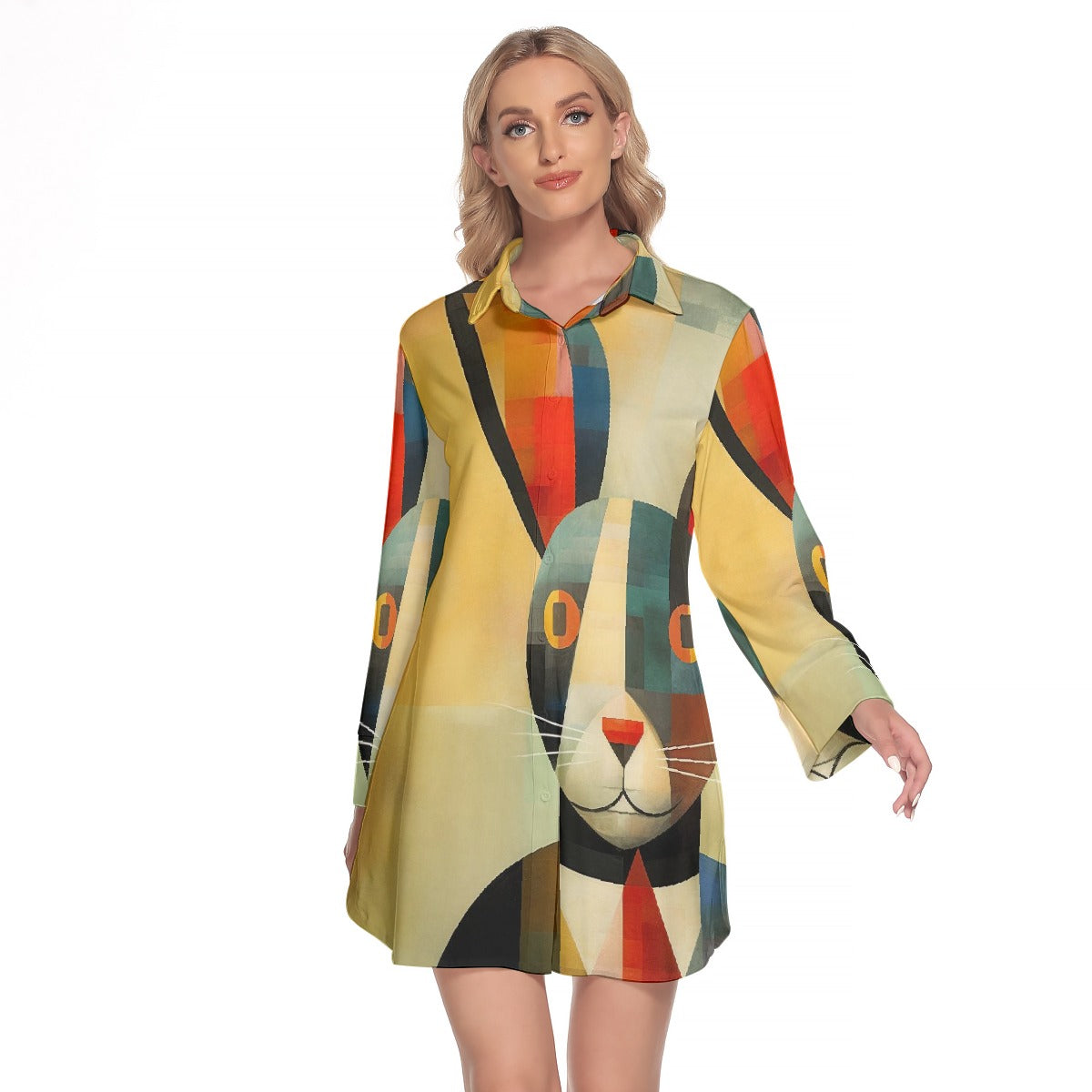 All-Over Print Women's Lapel Shirt Dress With Long Sleeve