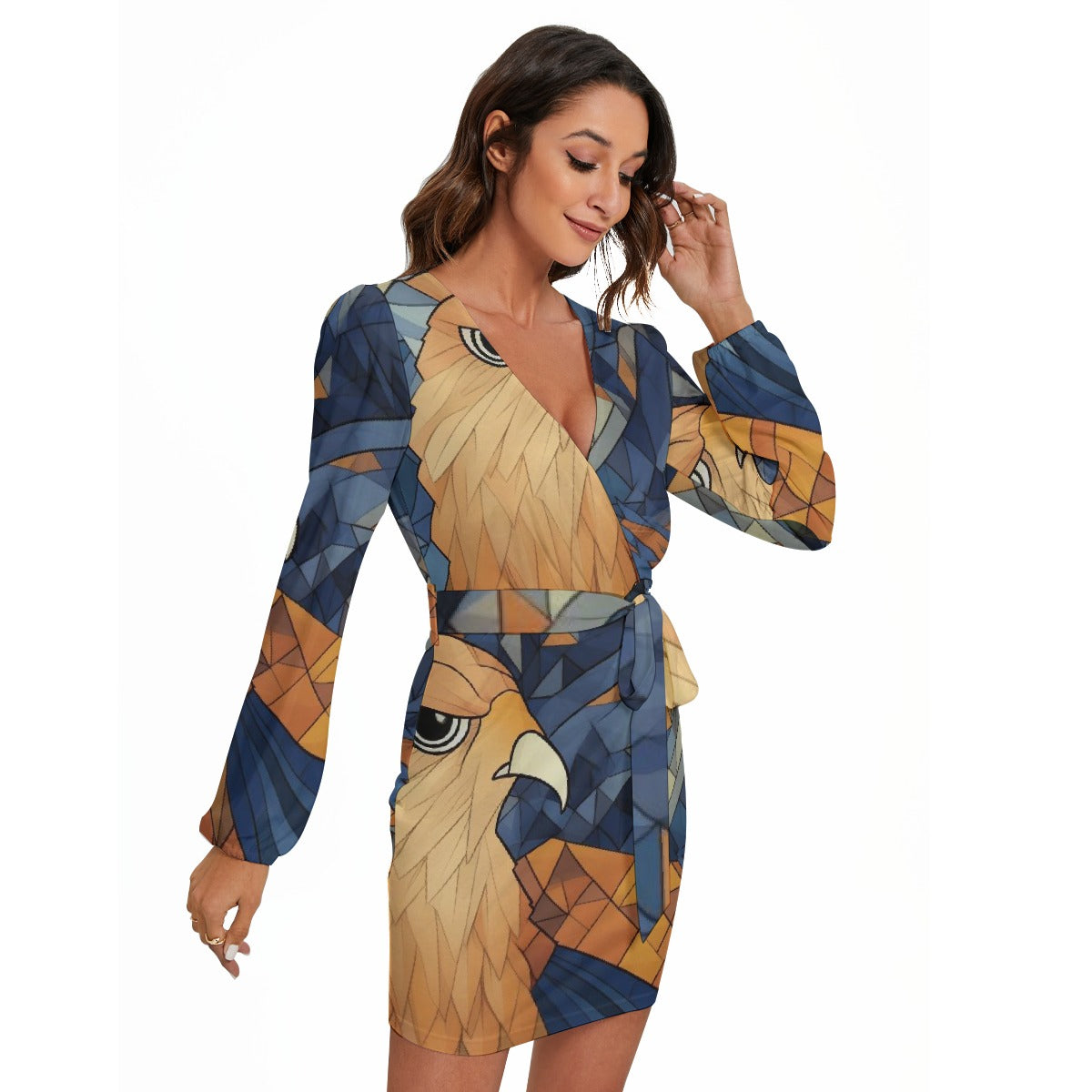 All-Over Print Women's Long Sleeve Dress With Waist Belt