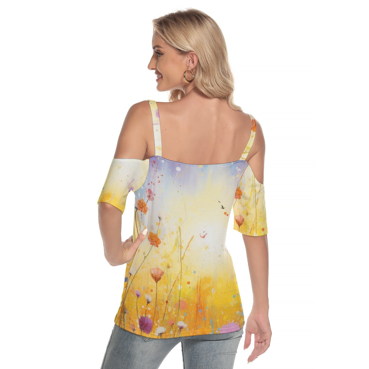 All-Over Print Women's Cold Shoulder T-shirt With Criss Cross Strips