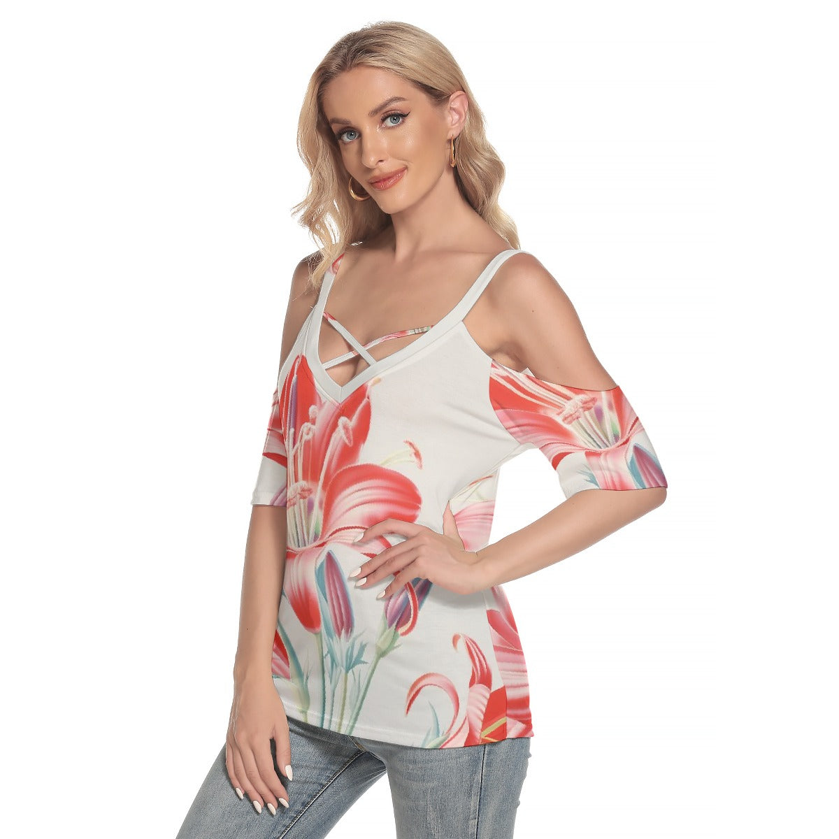 All-Over Print Women's Cold Shoulder T-shirt With Criss Cross Strips