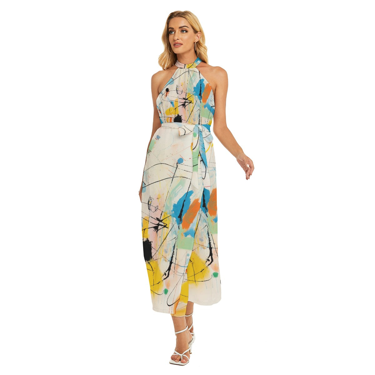 All-Over Print Women's Wrap Hem Belted Halter Dress