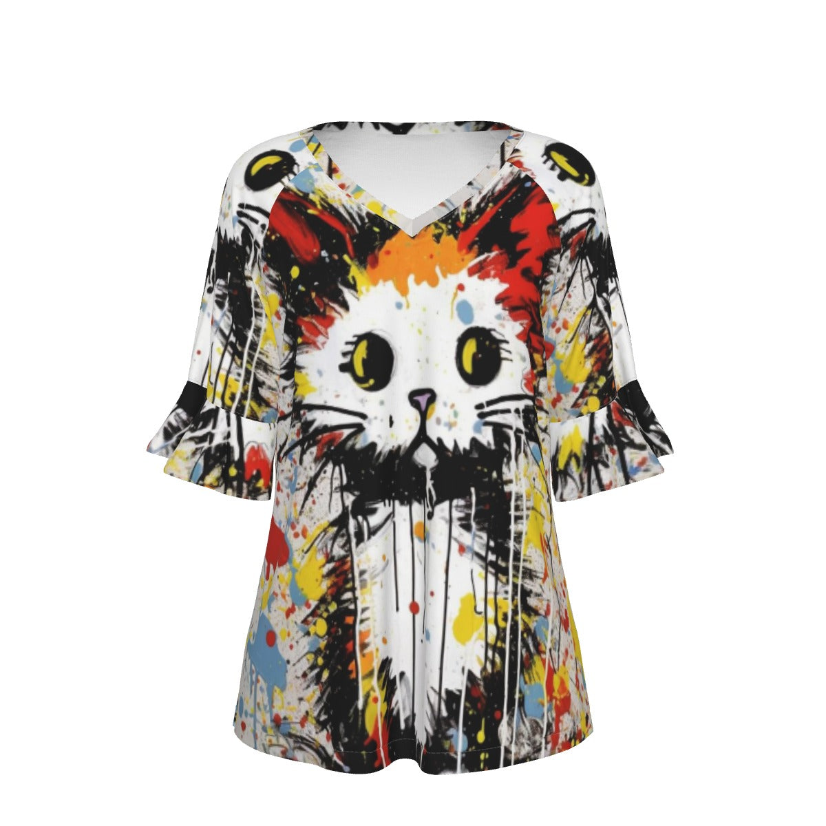 All-Over Print V-neck Women's T-shirt With Bell Sleeve