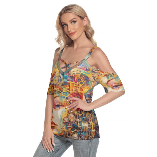 All-Over Print Women's Cold Shoulder T-shirt With Criss Cross Strips