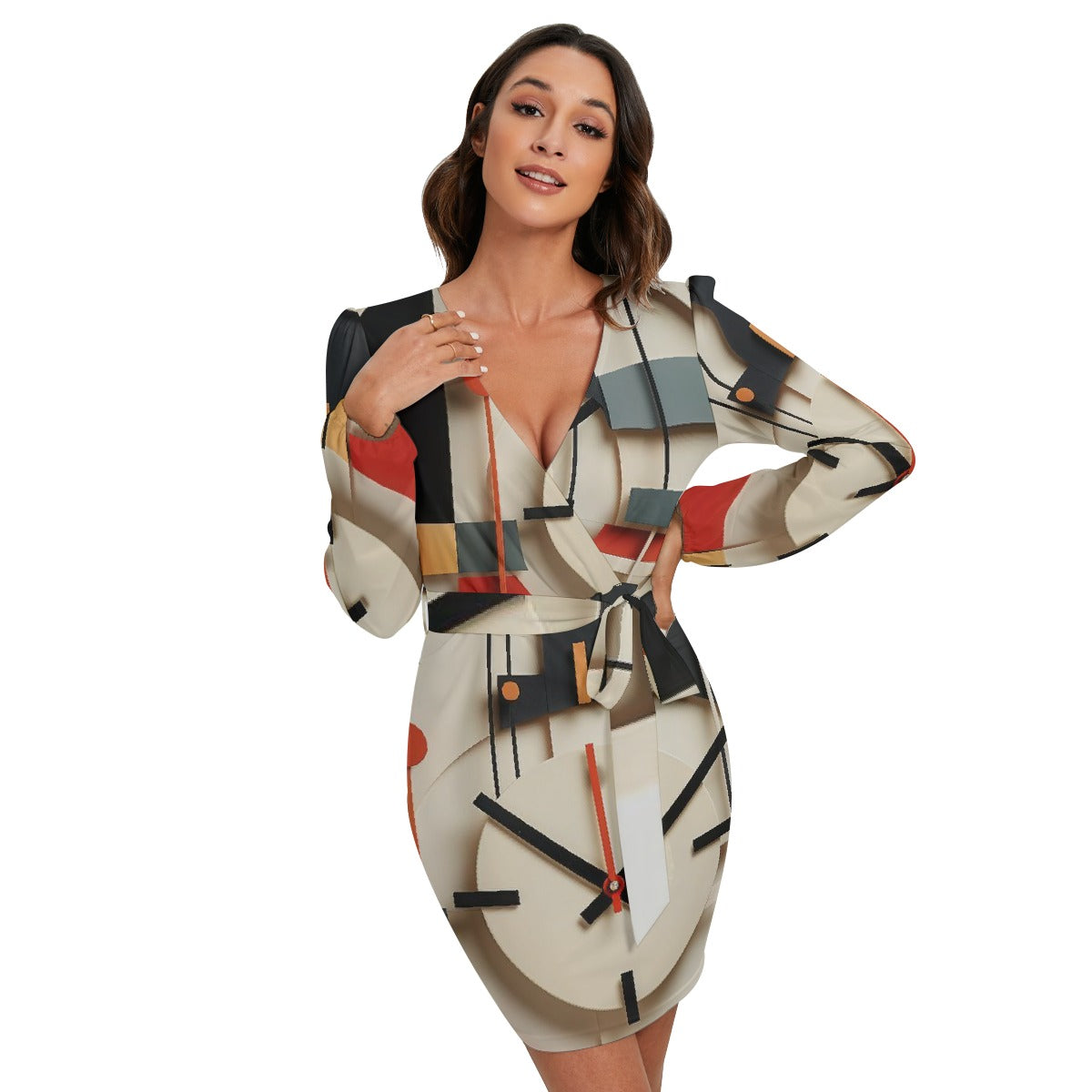 All-Over Print Women's Long Sleeve Dress With Waist Belt