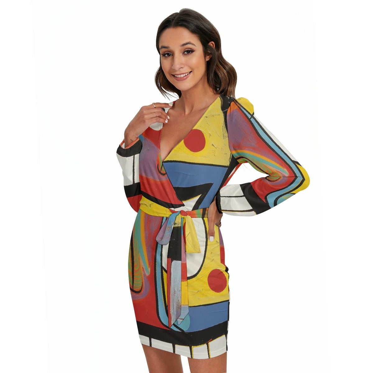 All-Over Print Women's Long Sleeve Dress With Waist Belt