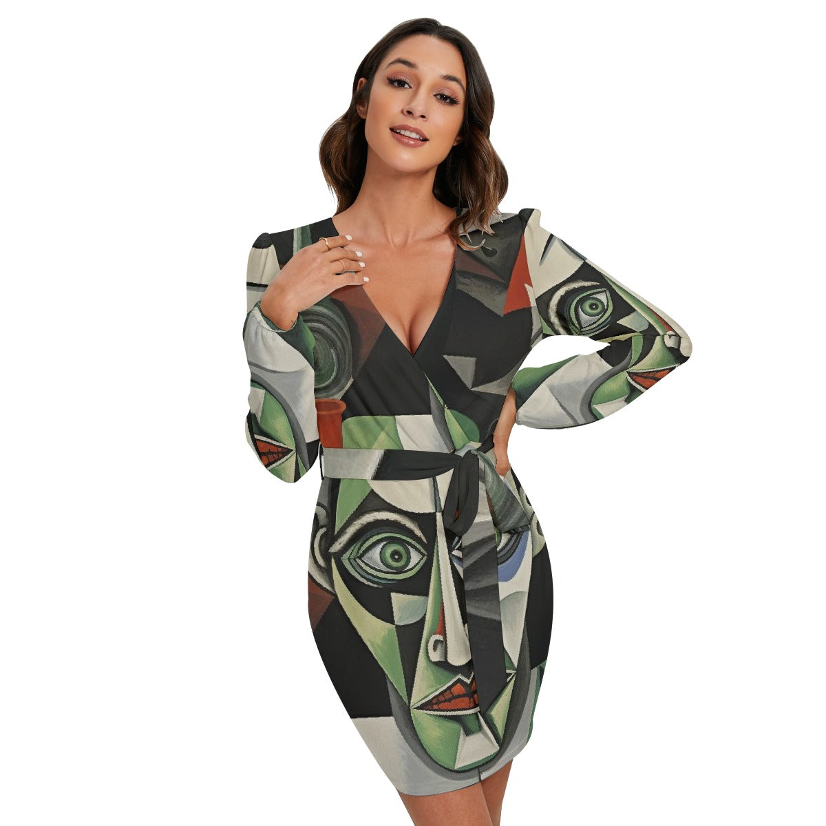 All-Over Print Women's Long Sleeve Dress With Waist Belt