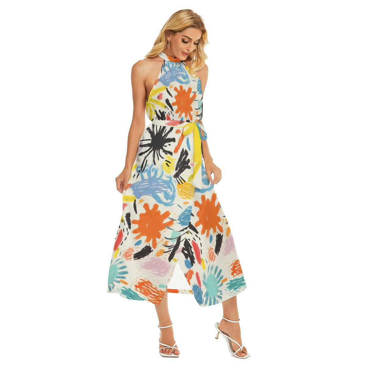 All-Over Print Women's Wrap Hem Belted Halter Dress