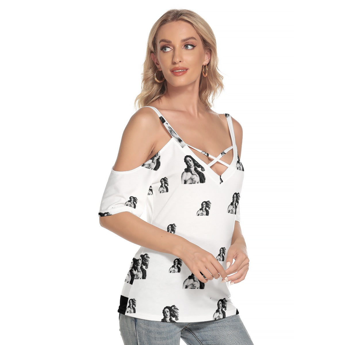 All-Over Print Women's Cold Shoulder T-shirt With Criss Cross Strips