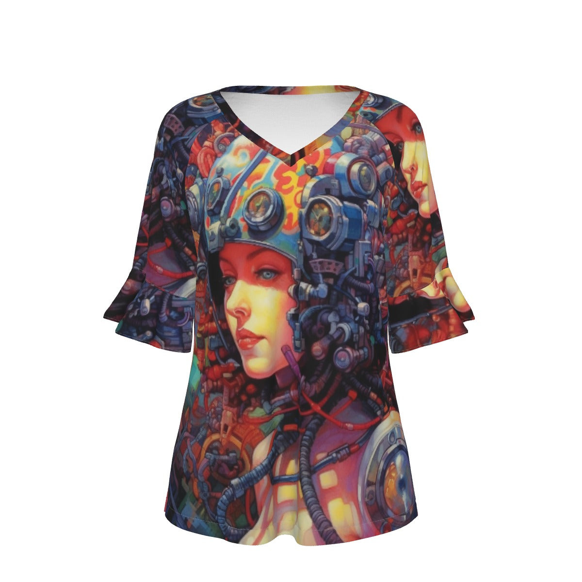 All-Over Print V-neck Women's T-shirt With Bell Sleeve