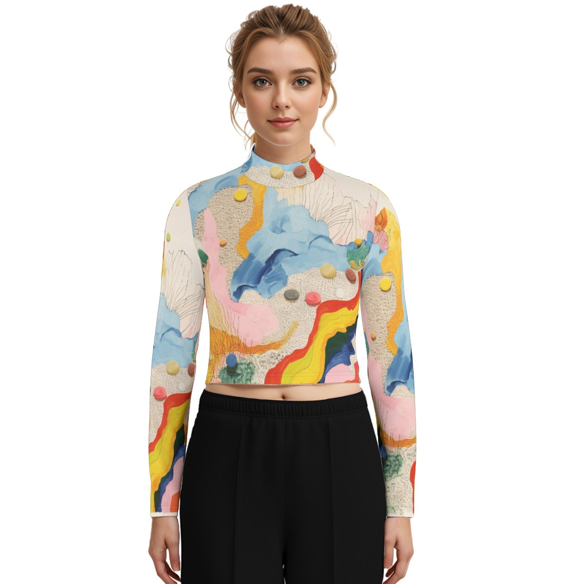 Eco-Friendly All-Over Print Women's Turtleneck T-shirt With Long Sleeve