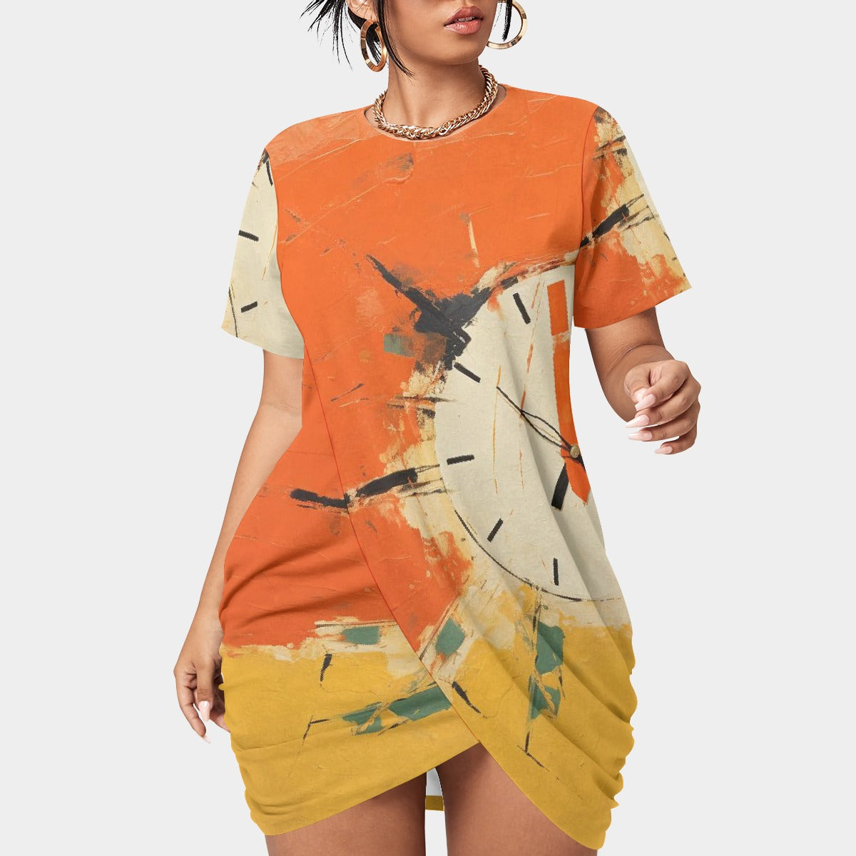 All-Over Print Women’s Stacked Hem Dress With Short Sleeve（Plus Size）