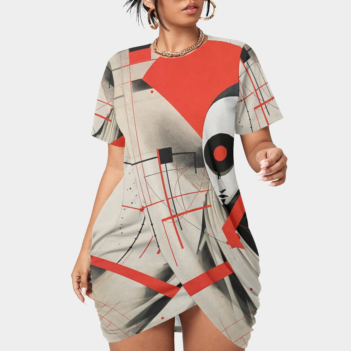 All-Over Print Women’s Stacked Hem Dress With Short Sleeve（Plus Size）