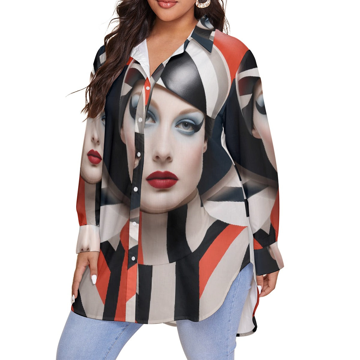 All-Over Print Women's Shirt With Long Sleeve(Plus Size)