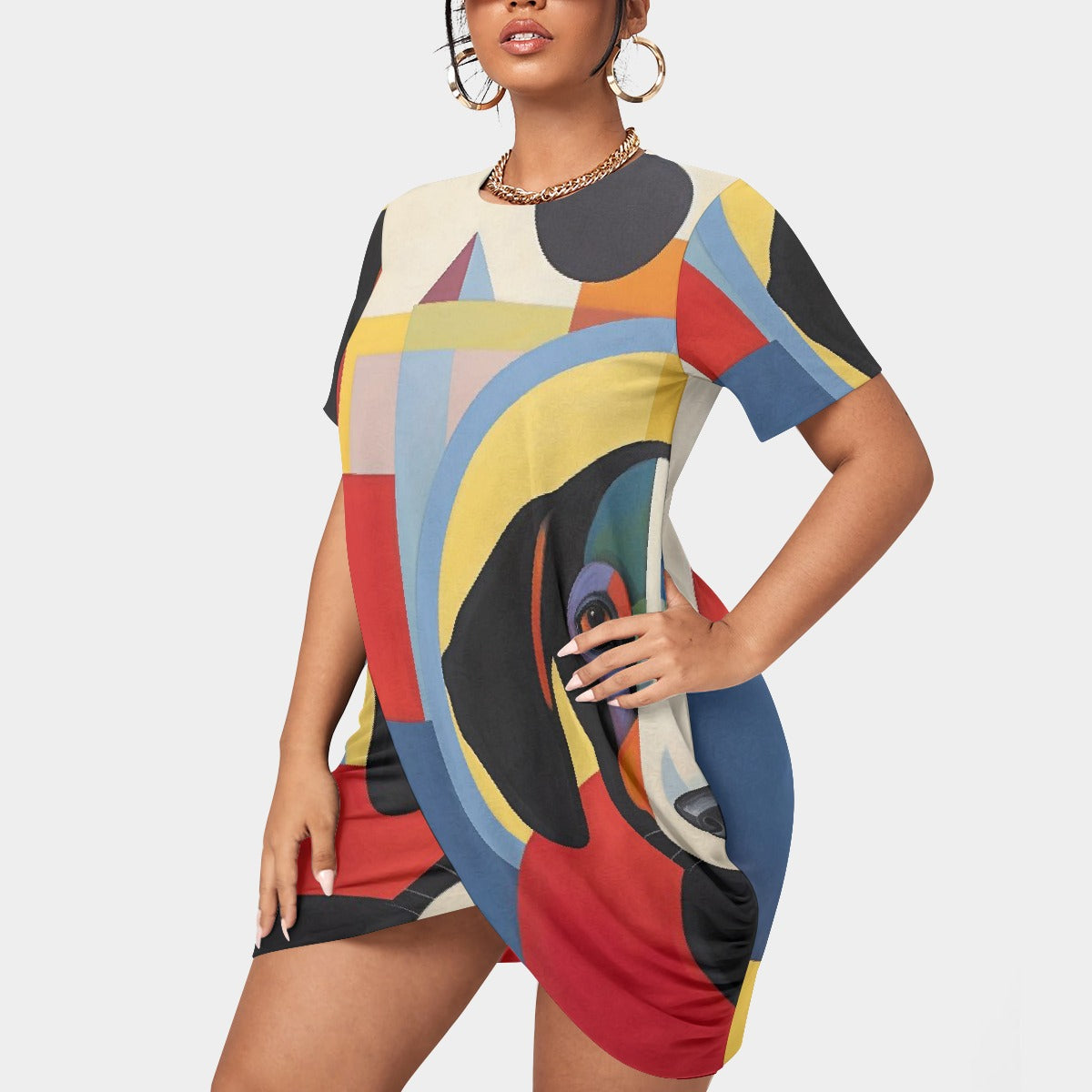 All-Over Print Women’s Stacked Hem Dress With Short Sleeve（Plus Size）