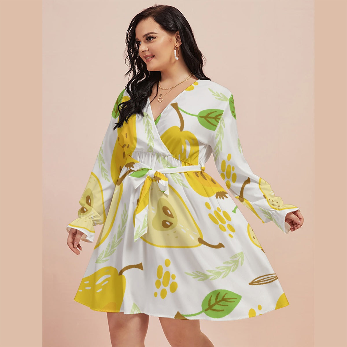 All-Over Print Women's V-neck Dress With Waistband(Plus Size)