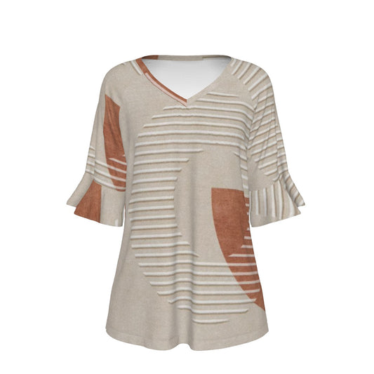 All-Over Print V-neck Women's T-shirt With Bell Sleeve