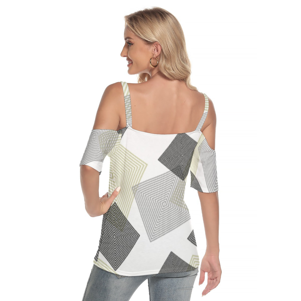 All-Over Print Women's Cold Shoulder T-shirt With Criss Cross Strips