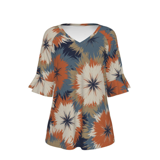 All-Over Print V-neck Women's T-shirt With Bell Sleeve