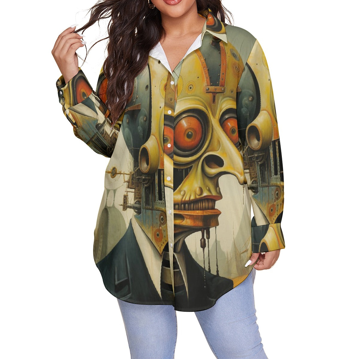 All-Over Print Women's Shirt With Long Sleeve(Plus Size)