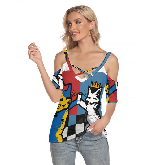 All-Over Print Women's Cold Shoulder T-shirt With Criss Cross Strips