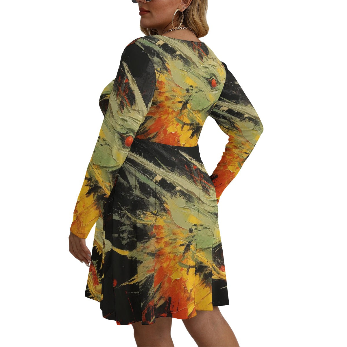 All-Over Print Women's V-neck Long Sleeve Dress(Plus Size)