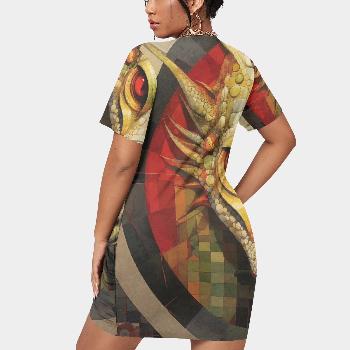 All-Over Print Women’s Stacked Hem Dress With Short Sleeve（Plus Size）