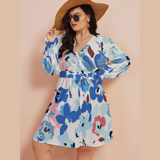 All-Over Print Women's V-neck Dress With Waistband(Plus Size)