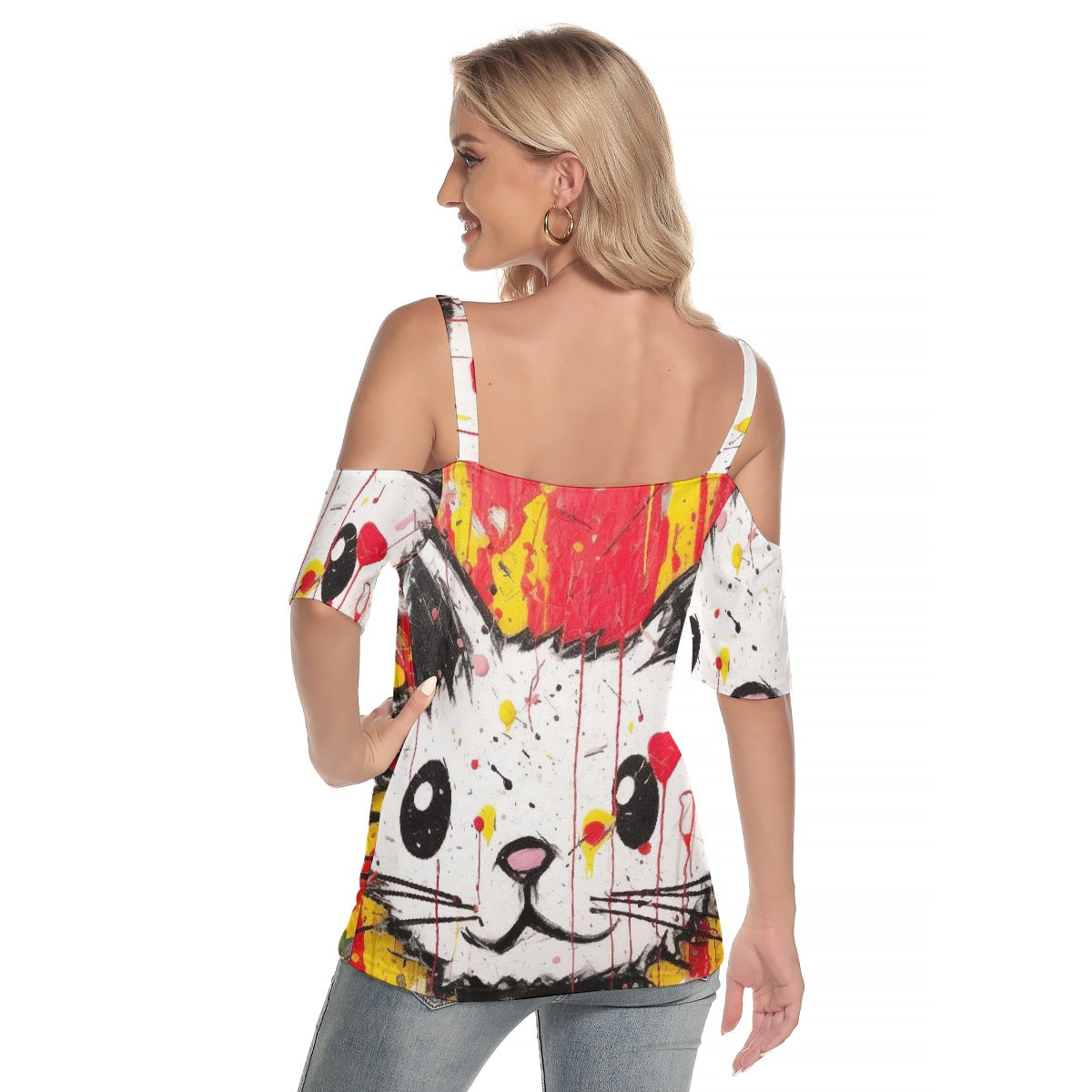 All-Over Print Women's Cold Shoulder T-shirt With Criss Cross Strips