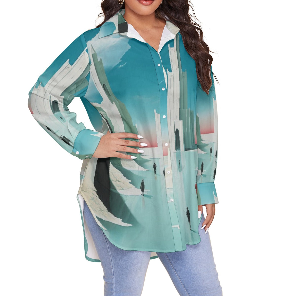 All-Over Print Women's Shirt With Long Sleeve(Plus Size)