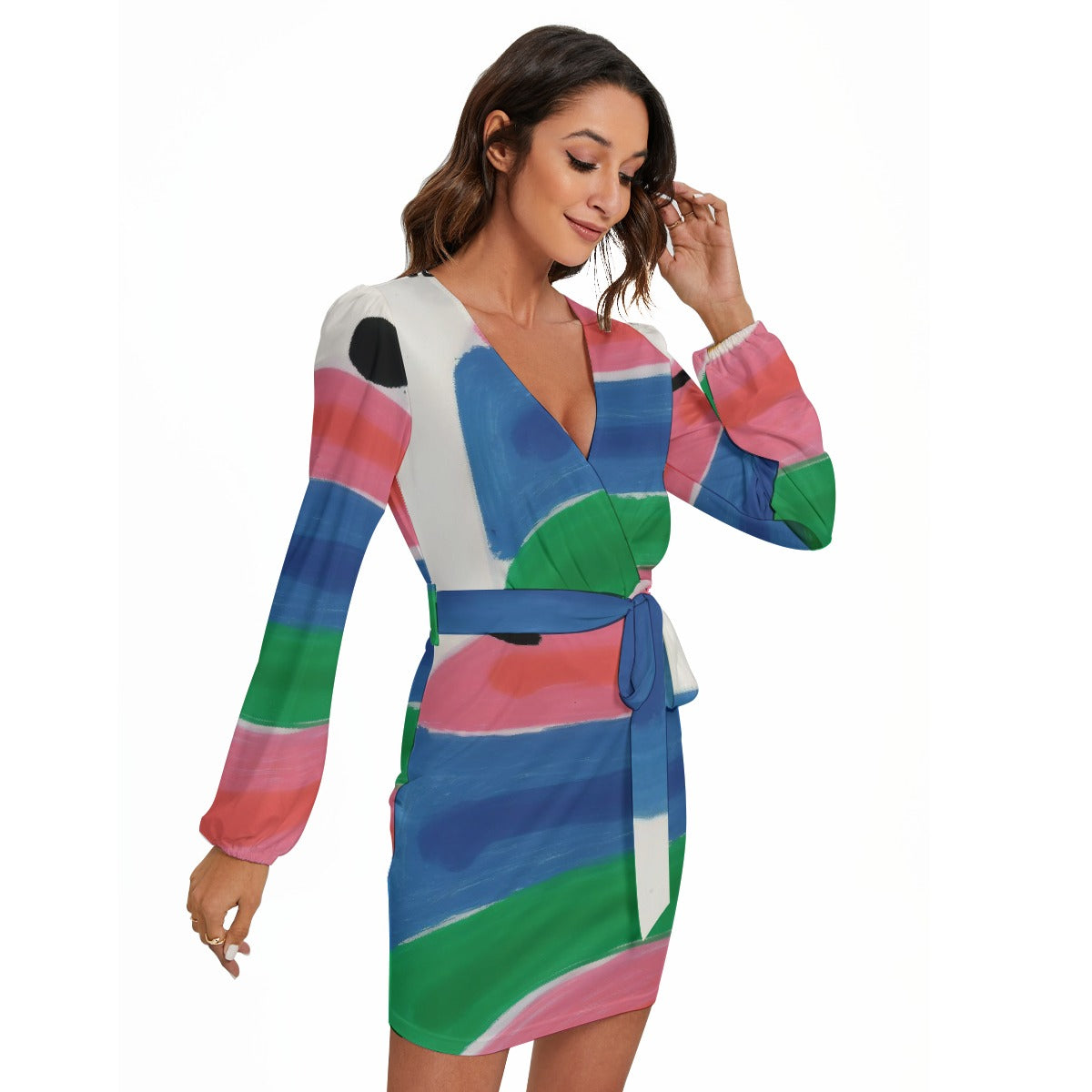 All-Over Print Women's Long Sleeve Dress With Waist Belt