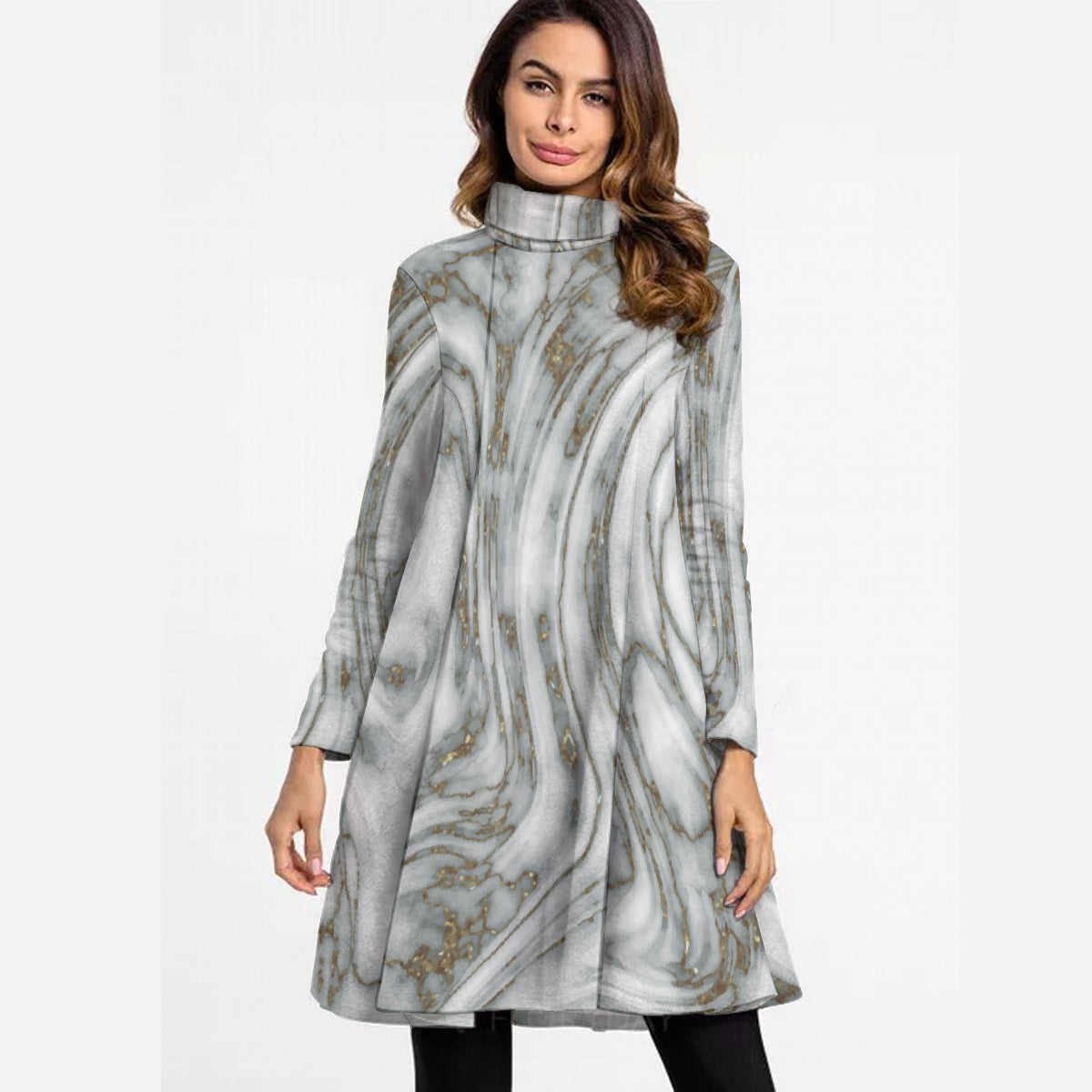 All-Over Print Women's High Neck Dress With Long Sleeve