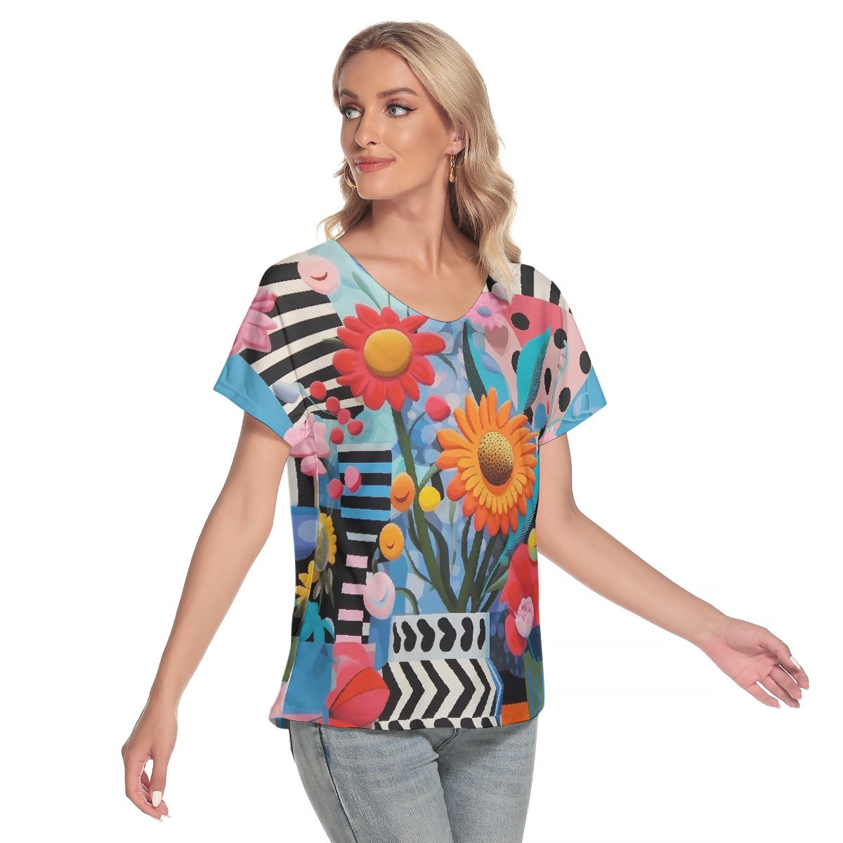 All-Over Print Women's Loose V-neck Short Sleeve T-shirt