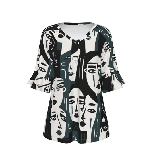 All-Over Print V-neck Women's T-shirt With Bell Sleeve