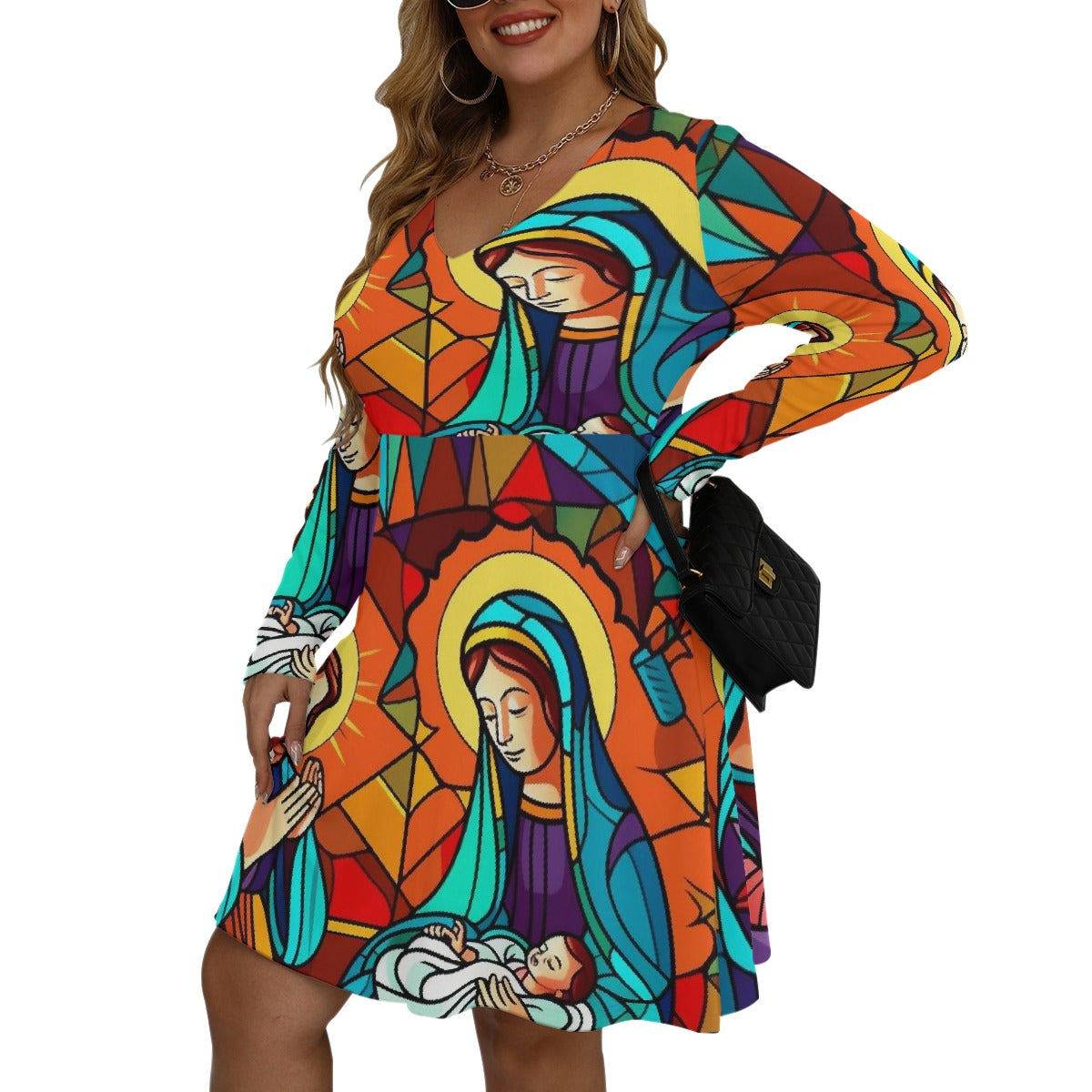 All-Over Print Women's V-neck Long Sleeve Dress(Plus Size)