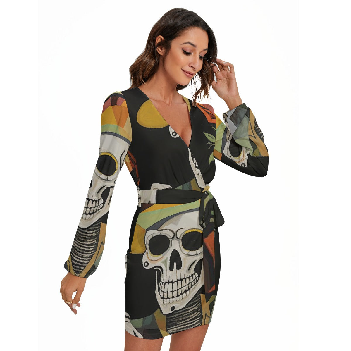 All-Over Print Women's Long Sleeve Dress With Waist Belt