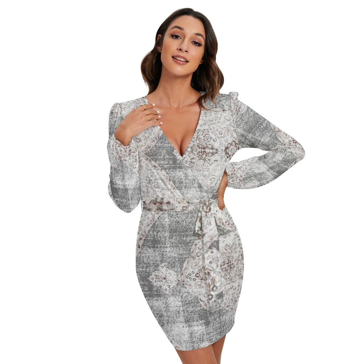 All-Over Print Women's Long Sleeve Dress With Waist Belt