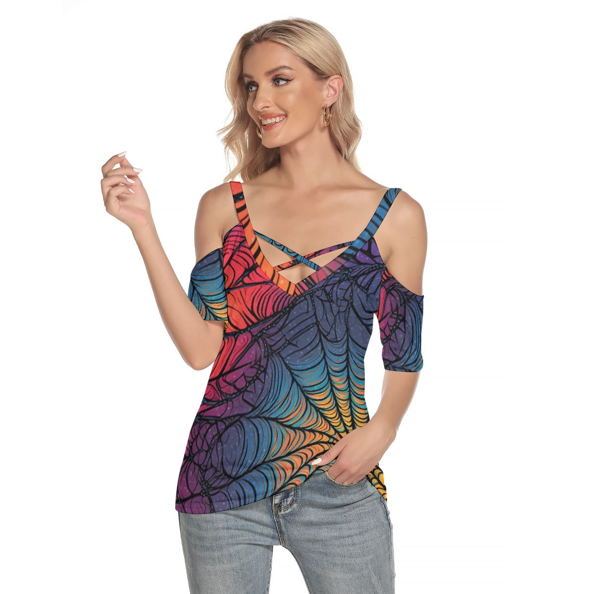 All-Over Print Women's Cold Shoulder T-shirt With Criss Cross Strips