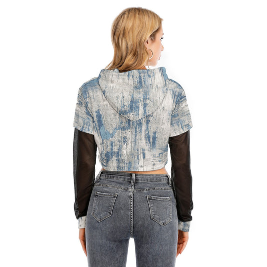 All-Over Print Women's Fake Two-piece Mesh Sleeve Cropped Hoodie