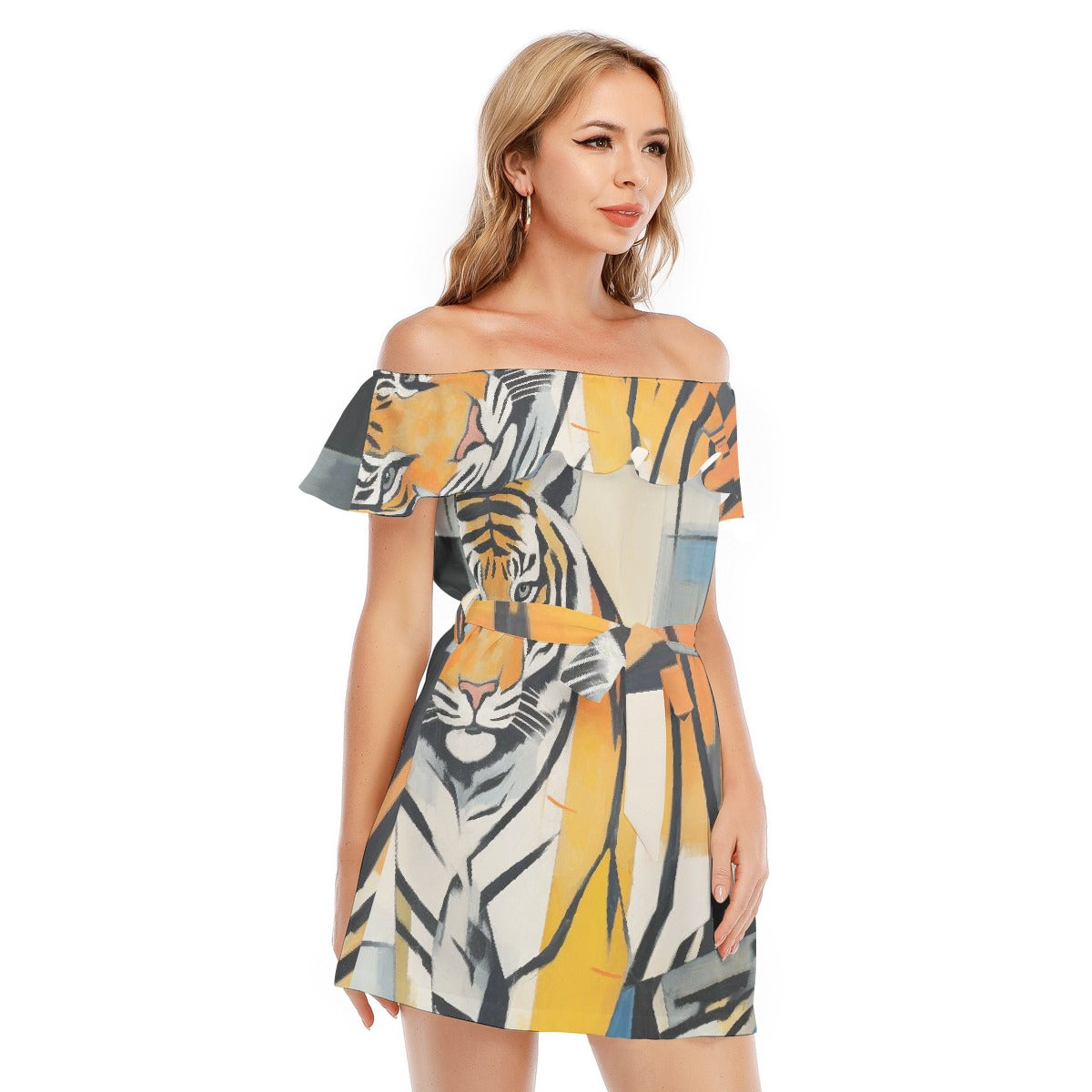 All-Over Print Women's Off-shoulder Dress With Ruffle