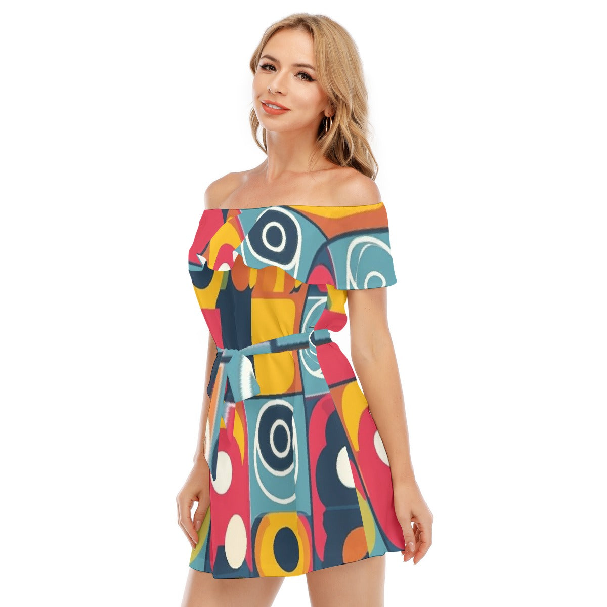 All-Over Print Women's Off-shoulder Dress With Ruffle