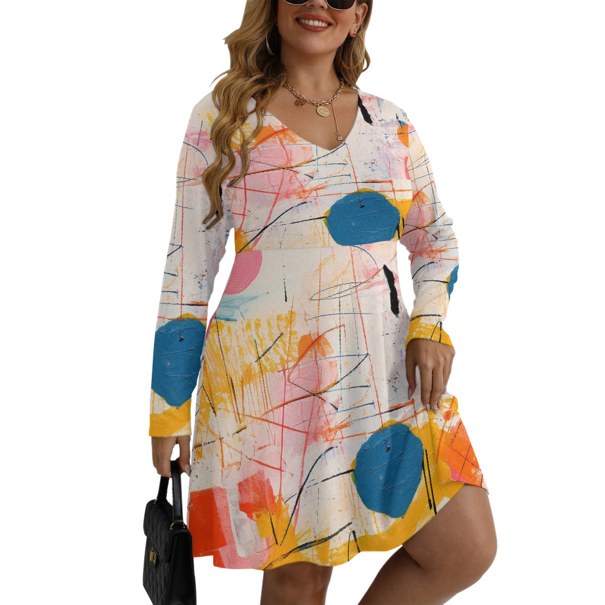 All-Over Print Women's V-neck Long Sleeve Dress(Plus Size)