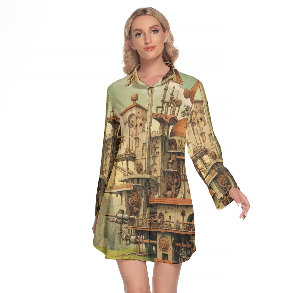 All-Over Print Women's Lapel Shirt Dress With Long Sleeve