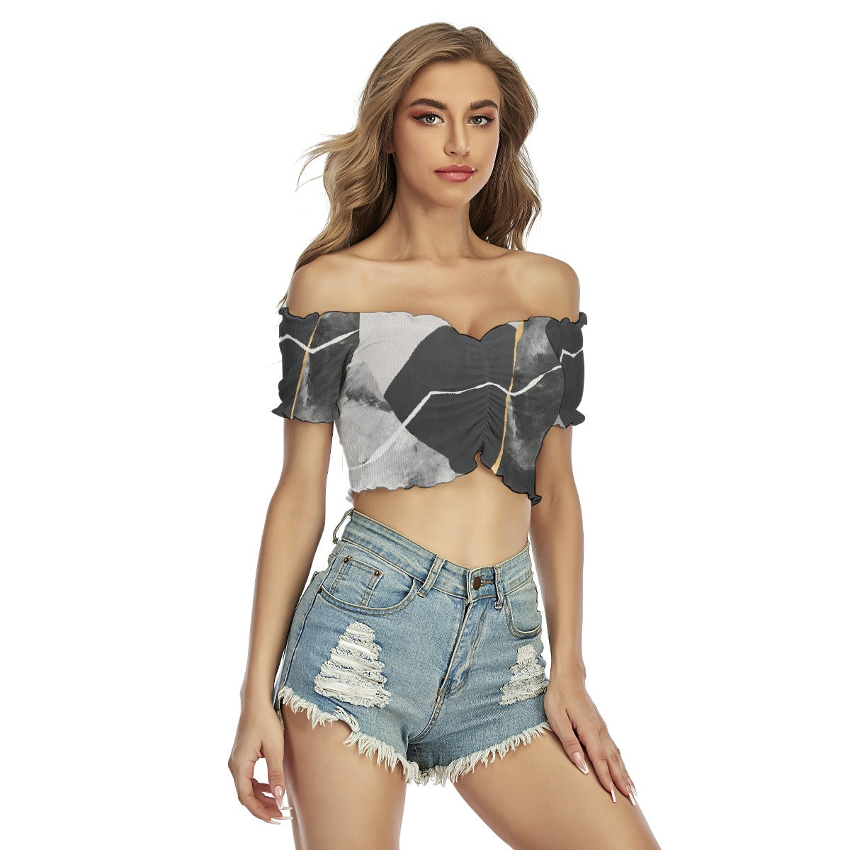 All-Over Print Women's One-shoulder Off-the-navel Short Sleeve T-shirt