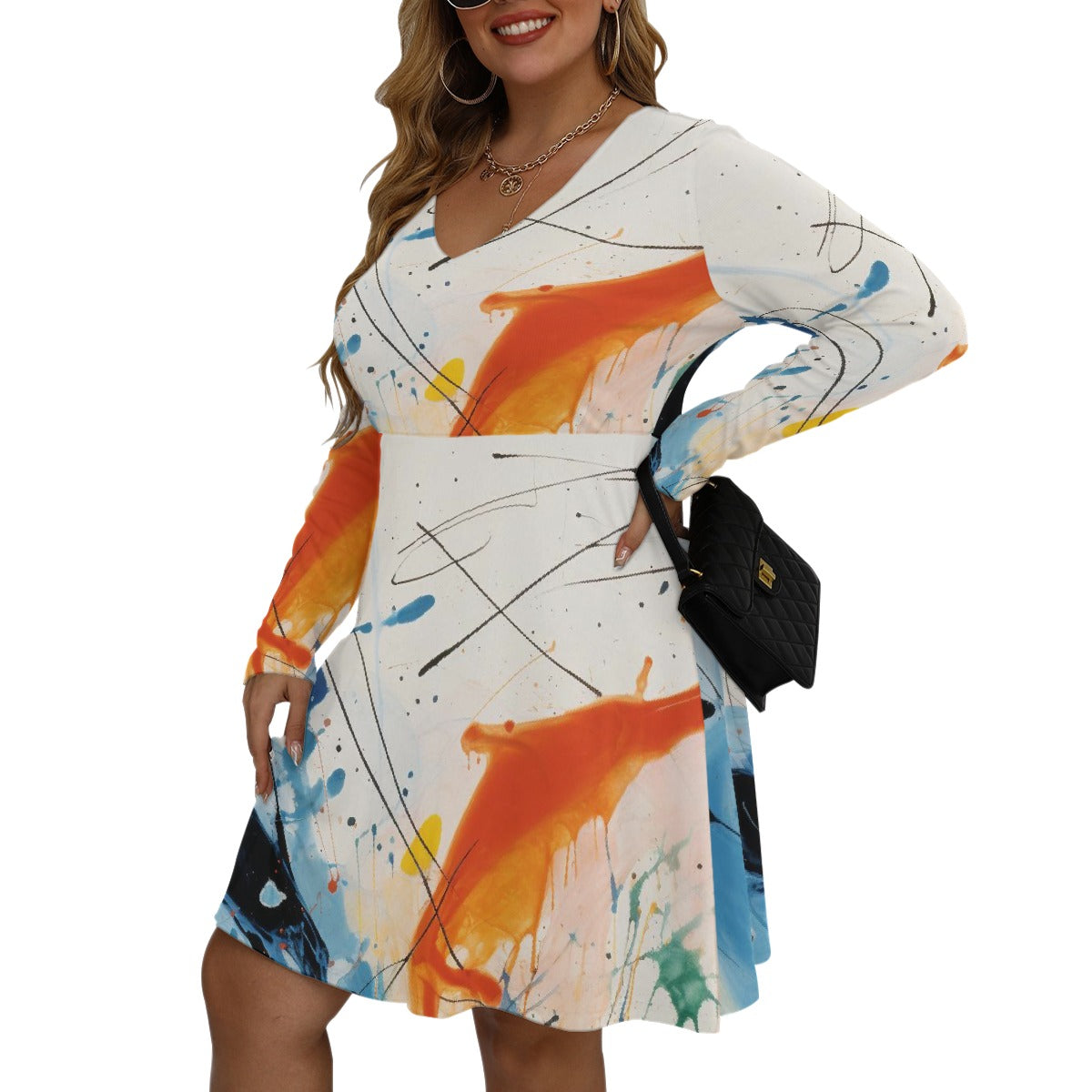 All-Over Print Women's V-neck Long Sleeve Dress(Plus Size)