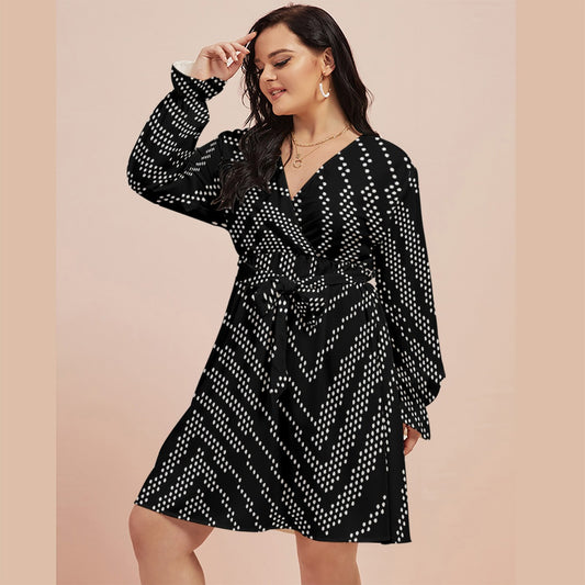 All-Over Print Women's V-neck Dress With Waistband(Plus Size)