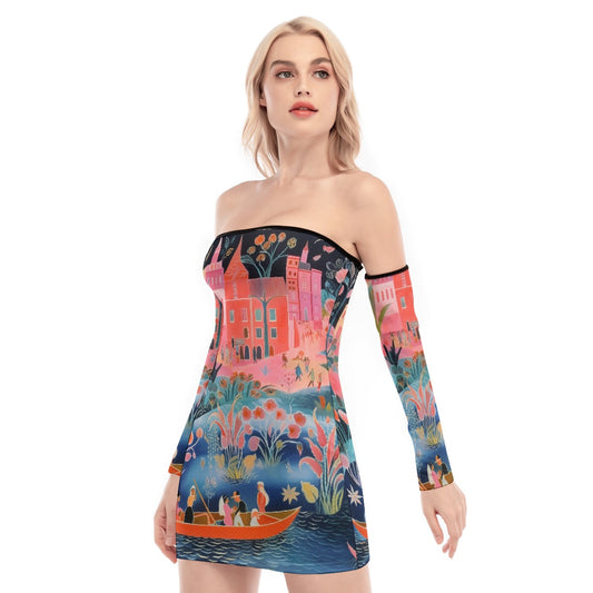 All-Over Print Women's Off-shoulder Back Lace-up Dress