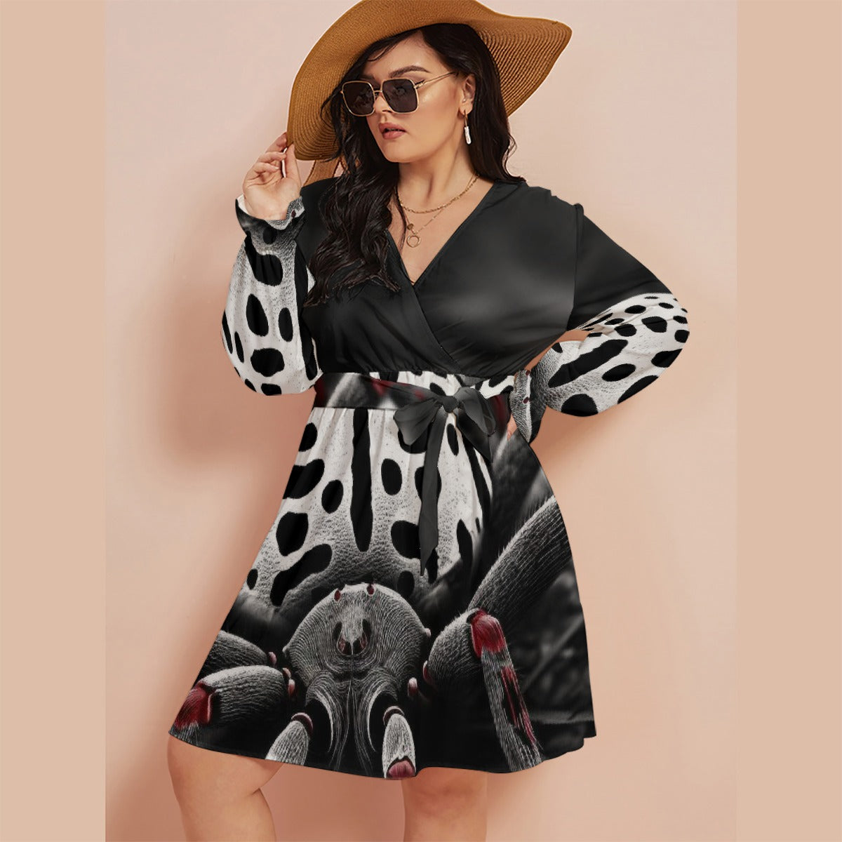 All-Over Print Women's V-neck Dress With Waistband(Plus Size)