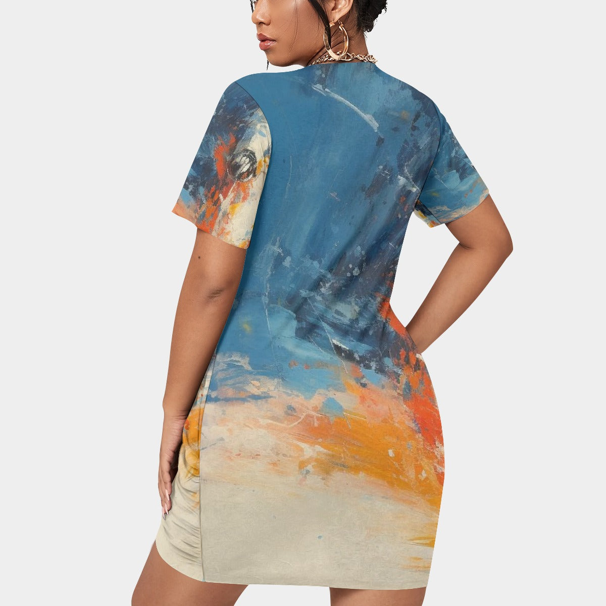 All-Over Print Women’s Stacked Hem Dress With Short Sleeve（Plus Size）