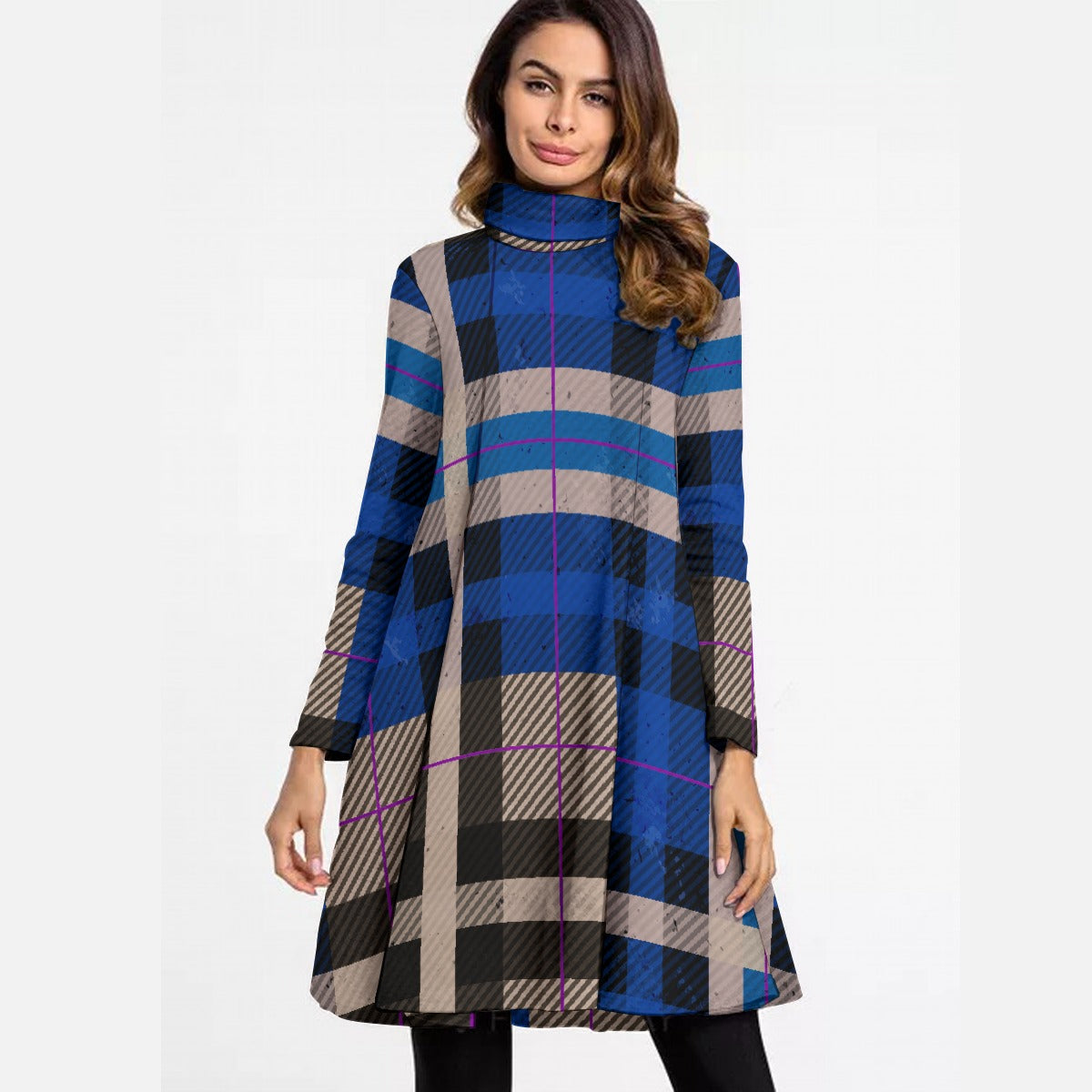 All-Over Print Women's High Neck Dress With Long Sleeve